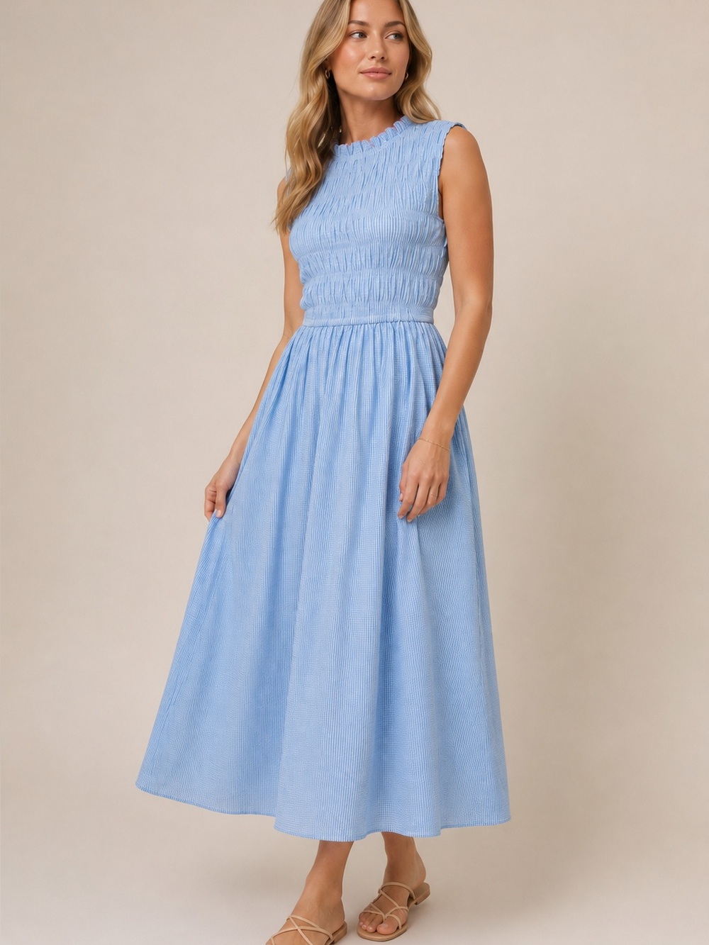Petal & Pup Blue White Gingham Smocked Maxi Dress Pockets NWT XS